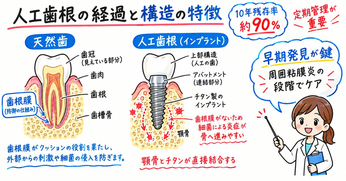 人工歯根の寿命は何年?残存率の目安と脱落を招く主な原因